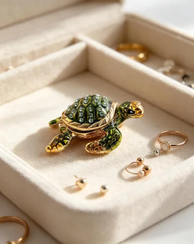 Vista 4 de Mini Caja de Baratijas y Joyería con Bisagras en Forma de Figurilla de Tortuga Marina Verde-C