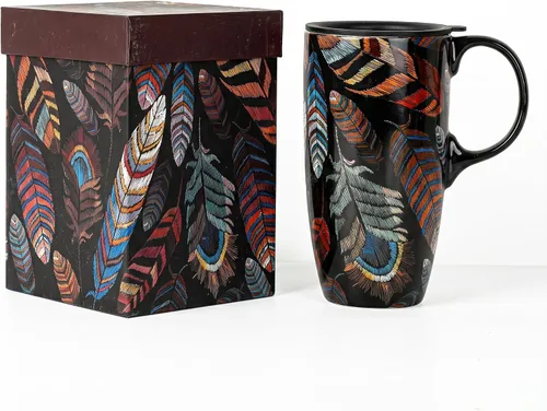 Vista 10 de Topadorn Taza de viaje de porcelana para café y té en color azul, taza de café de cerámica, 48 cl, en caja