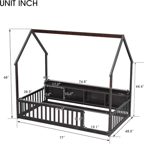 Vista 2 de Bellemave Twin House Floor Bed Frame,Espresso Solid wood montessori bed with storage shelves, built-in LED lights, charging station, no box spring