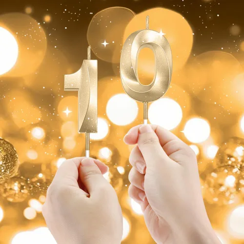 Vista 5 de Velas de 10º cumpleaños de oro champán - Velas de 10 números para decoración de pasteles