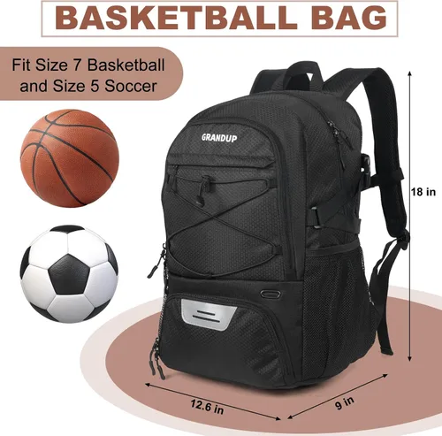 Vista 4 de GRANDUP - Mochila de baloncesto con compartimento para pelota y zapatos. Adecuada para voleibol, fútbol, natación, gimnasio, viajes y escuela