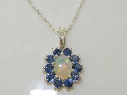 Vista 3 de Señoras plata de ley 925sólida Ornate Natural Opal & Blue Sapphire Collar con Colgante de Oval