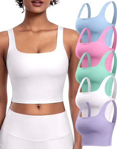 Vista 12 de Sujetadores deportivos para mujer, paquete de 5 unidades, cuello cuadrado, camiseta corta sin mangas acolchada para yoga con almohadillas integradas