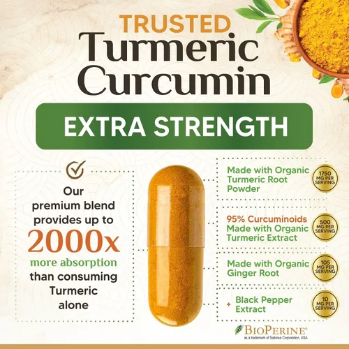 Vista 6 de Suplemento de curcumina de cúrcuma de 1750 mg con cúrcuma y jengibre orgánicos, 95% curcuminoides, pimienta negra BioPerine para una mejor