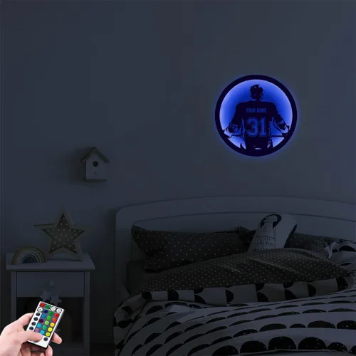Vista 7 de Letrero de metal personalizado para jugador de hockey con luz LED, nombre personalizado y número, arte de pared de hockey, letrero de neón