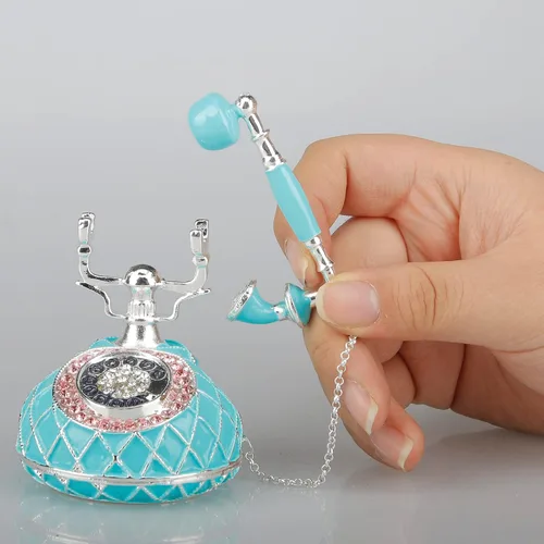 Vista 4 de SEVENBEES Figuras de teléfono turquesa, caja esmaltada con bisagras con cristales rosados, joyeros decorativos, coleccionables, regalos para niñas