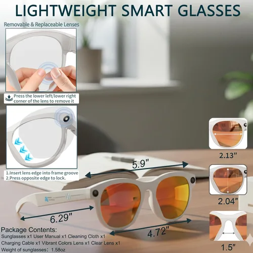 Vista 8 de Gafas Inteligentes con Cámara Gafas AI Gafas Bluetooth Lentes Reemplazables, Batería de 48H para Viajes, Conferencias y Vlogging. Traducción, Blanco