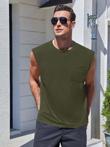 Vista 3 de ZIWOCH Camisetas sin mangas para hombre, camisetas de entrenamiento recortadas, camisetas de gimnasio muscular con bolsillo