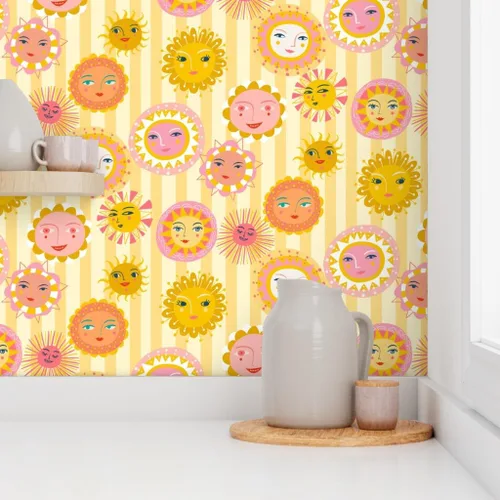 Vista 8 de Despegar y pegar papel tapiz muestra – Círculos de pequeña escala del sol, rayos de sol meteorológico, habitación de los niños, papel tapiz