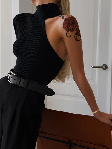 Vista 3 de Hilinker Body de un hombro para mujer, manga larga, cuello alto, punto acanalado