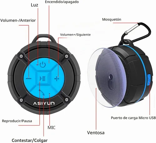 Vista 3 de Bocina para regadera con Bluetooth de ASIYUN, portátiles, a prueba de agua con sonido IPX7 HD, Ventosa, bocina con micrófono incorporado, Manos