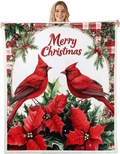 Vista 25 de Manta de cama Kawaii de Papá Noel, manta rústica de felpa con corona de Navidad para decoración rústica del hogar, manta de franela de flores rojas
