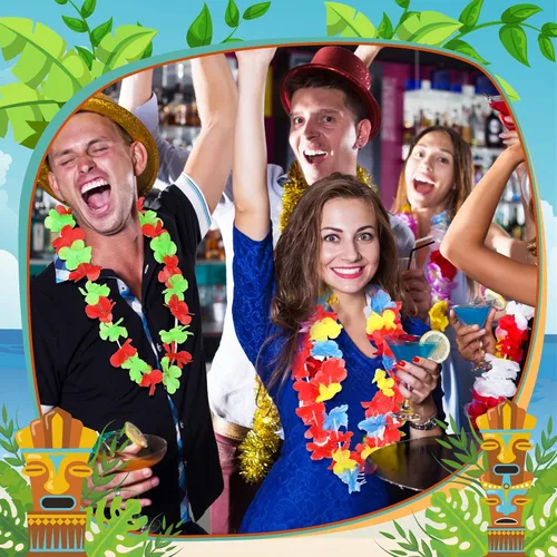 Vista 5 de Jexine 250 piezas de Leis hawaianos a granel Luau decoraciones de fiesta hawaianas tropicales diademas y pulseras de flores Lei para regalos