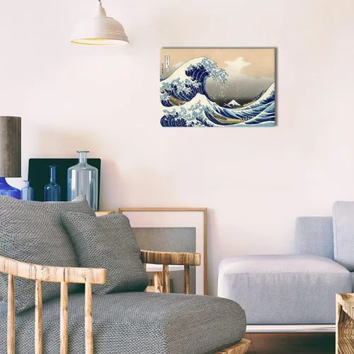 Vista 3 de Póster de lienzo impreso con texto en inglés «The Great Wave off Kanagawa» de Katsushika Hokusai, arte de pared, pintura retro, estética, decoración