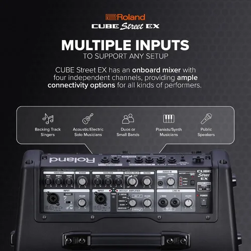 Vista 4 de Roland CUBE Street EX amplificador de 4 canales a batería de 50 vatios Batería o CA, 4 canales independientes, tonos de guitarra Cosm, 8 woofers