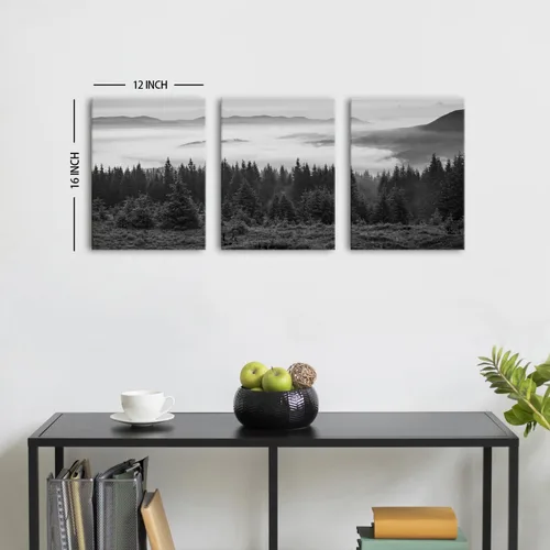 Vista 6 de Lienzo de montaña ahumada en blanco y negro, arte de pared, imágenes de bosque, decoración de pared, árboles brumosos, paisaje, pinturas