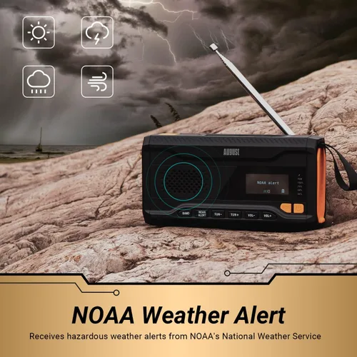 Vista 3 de Radio de manivela de emergencia - August MB291B - Radio meteorológica portátil NOAA y AM/FM con carga solar, manivela y carga USB-C - Alarma SOS