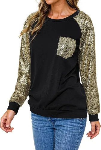 Vista 4 de Ezcosplay Blusa de lentejuelas brillantes para mujer, manga raglán larga, con purpurina, para fiesta, club, para fiesta