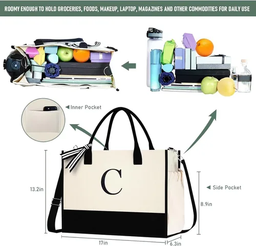 Vista 3 de Regalos de cumpleaños para mujer, bolsa de playa de lona con iniciales y bolsillos con cremallera, regalos personalizados para madre de la novia