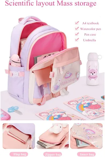 Vista 6 de Mochila Kawaii para niñas escolares mochila de conejito para niños, mochila casual linda para exteriores, A-rosa y púrpura, Mochila