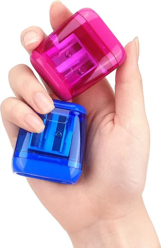 Vista 5 de Paquete de 4 sacapuntas manuales de doble agujero con tapa para niños, escuela, oficina, hogar (azul, verde, naranja, rosa)