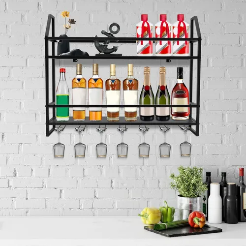 Vista 6 de DNYSYSJ Estantes de vino montados en la pared, estantes de acero de 2 capas con estante de exhibición, capacidad para 7 vasos y 12 botellas de vino