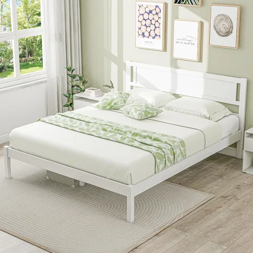 Vista 10 de KOMFOTT Base de cama de plataforma de madera de tamaño completo con cabecero, marco de cama de madera de mediados de siglo de 16 pulgadas