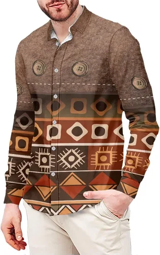 Vista 18 de Camisa azteca con botones para hombre, patrón nativo americano, camisas de manga larga con cuello en V y nación tribal