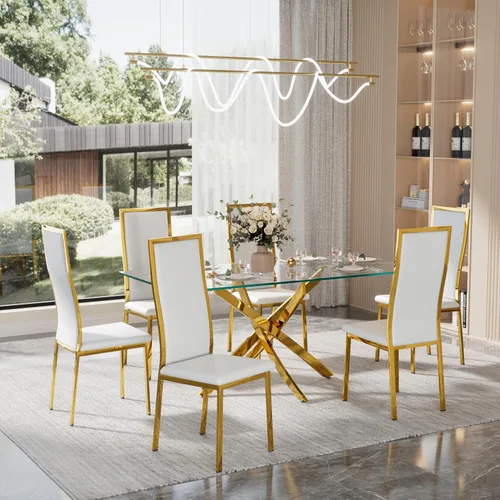 Vista 16 de Juego de 2 sillas de comedor modernas, piel sintética negra con patas de metal dorado cromado, diseño de respaldo alto curvo y acolchado tipo nube