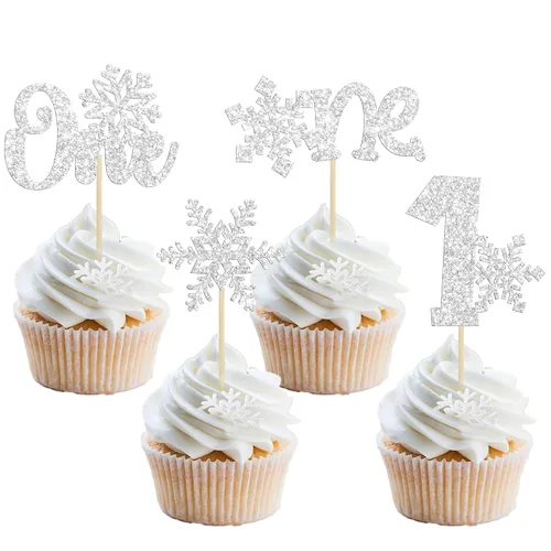 Vista 25 de Gyufise 24 piezas de copos de nieve Oh Baby Cupcake Toppers Glitter Winter Frozen Baby Shower Cupcake Picks para invierno, país de las maravillas