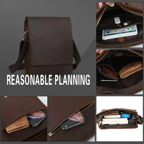 Vista 4 de Leathario Bolso bandolera de cuero genuino para hombre, bolso de hombro para hombre, pequeño mensajero, retro, viaje, trabajo