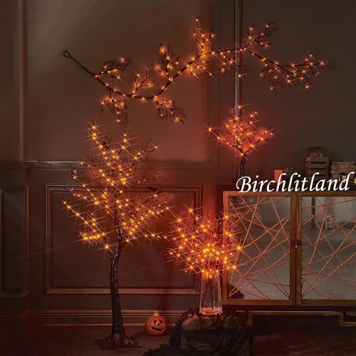 Vista 8 de Birchlitland - Guirnalda iluminada de Halloween de 6 pies con 120 luces LED bicolor naranja y morada, 8 funciones, luces de guirnalda negras