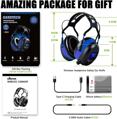 Vista 3 de Gardtech Protección auditiva con Bluetooth, orejeras de radio FM, NRR 29dB, auriculares de protección auditiva con cancelación de ruido con MP3