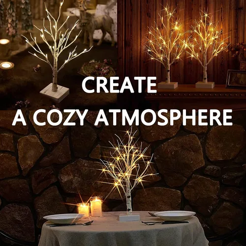 Vista 6 de Fudios Árbol de abedul iluminado con temporizador, funciona con pilas, 18 pulgadas, decoración del hogar, árboles de abedul artificiales