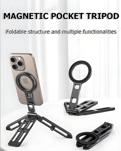 Vista 6 de Trípode magnético para iPhone 16/15/14/13/12 Plus Pro Max, trípode de aluminio mini Magsafes para iPhone y Magsafes, diseño de doble cara, tornillo