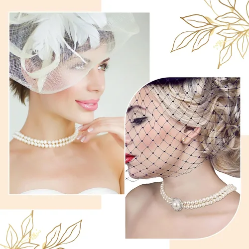 Vista 5 de Juego de 6 gargantillas de perlas, collar redondo de perlas artificiales de imitación, gargantilla de múltiples hebras, collar de flapper