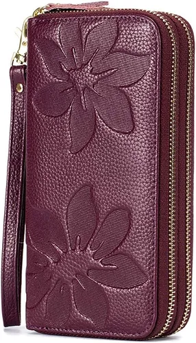 Vista 2 de Cartera de cuero para mujer con bloqueo RFID, bolsillo para teléfono inteligente con doble cremallera,Ranuras para efectivo de gran capacidad