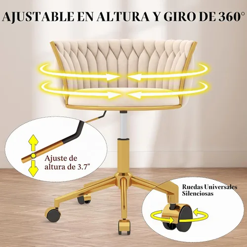 Vista 8 de Silla de escritorio moderna de terciopelo con ruedas, hermosa silla de tocador para niñas, color beige
