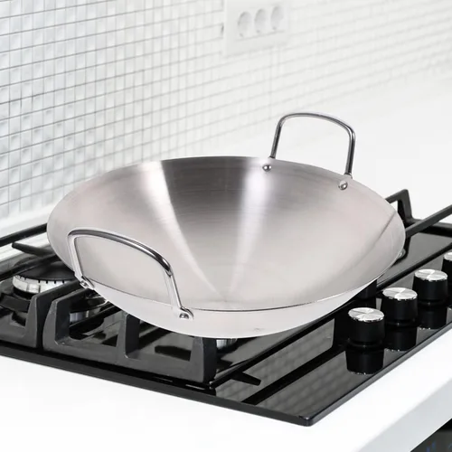 Vista 2 de Luxshiny Sartén para wok de fondo redondo plano de acero inoxidable, capacidad suficiente, sartén para saltear con mango largo, antiadherente, apta