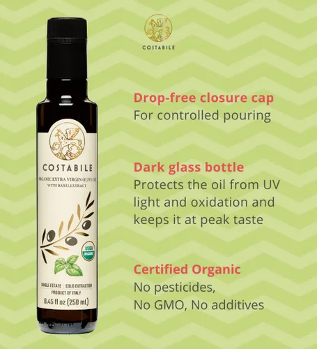 Vista 5 de Aceite de Oliva Virgen Extra con infusión de albahaca y mezcla clásica rica en polifenoles. Aceites de oliva totalmente naturales, 100% italianos.