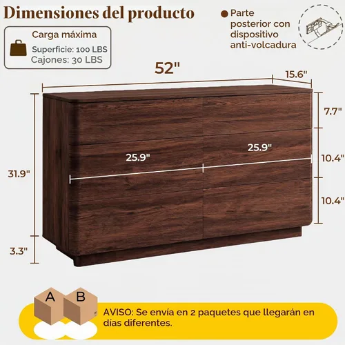 Vista 2 de ACCOHOHO Cómoda moderna de 6 cajones para dormitorio, cómoda de madera de 52 pulgadas de ancho con gran almacenamiento, cómoda sin asas, soporte