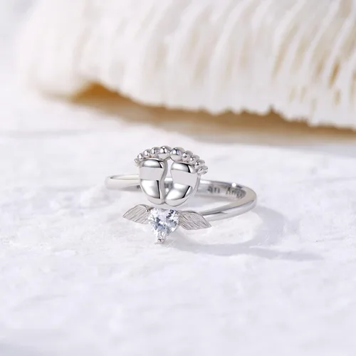 Vista 4 de SVODEA Anillo abierto de pies de bebé para mujer, plata de ley 925 con circonita cúbica creada con alas de ángel, anillos ajustables, delicado