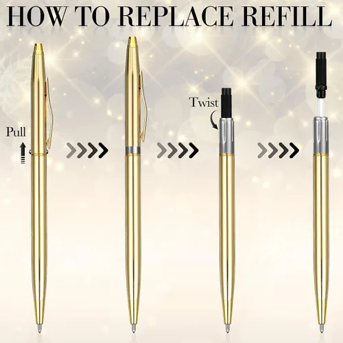 Vista 4 de Fuutreo Paquete de 12 Bolígrafos Dorados para Boda a Granel Bolígrafos de Metal Dorado Delgados Retráctiles con Tinta Negra Mini Cónicos