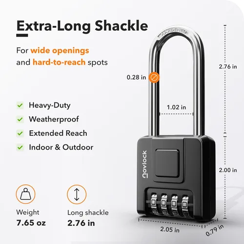 Vista 2 de Candado de Combinación de Grillete Largo de 2.76 Pulgadas para Exteriores e Interiores Resistente, Resistente a la Intemperie, Seguridad de 4