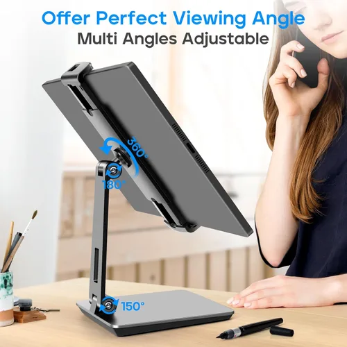 Vista 4 de ROADOM Soporte para tableta, soporte giratorio ajustable de 360°, abrazadera inclinable de 180°, soporte plegable para tableta de 4.7-17.3 pulgadas