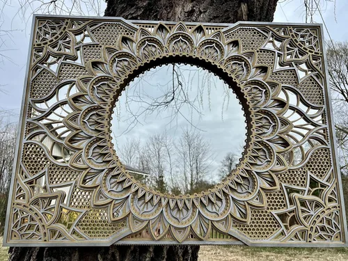 Vista 11 de BHDecor Espejo para decoración de pared para el hogar, marco tallado con corte láser, elegante mandala de madera para colgar, paneles de MDF