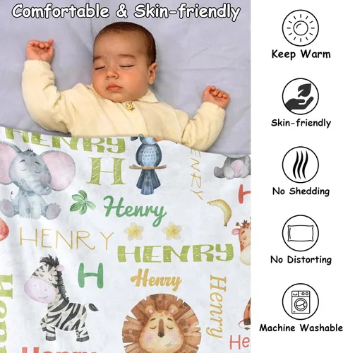 Vista 4 de KAINSY Manta personalizada de animales para niños y niñas, safari en la selva, manta con nombre personalizado para cama de cuarto de bebé