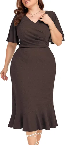 Vista 4 de LALAGEN Vestido de talla grande para mujer, modesto, de manga corta, fruncido, entallado, de sirena, vestido midi de cóctel, 1X-6X