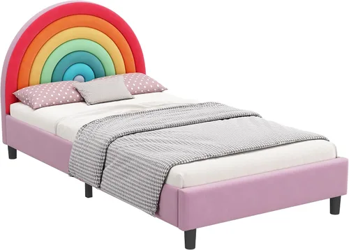 Vista 5 de SOFTSEA Base de cama tamaño individual con diseño de arco iris para niños, cama tapizada individual con cabecera arcoíris, cama de princesa, linda