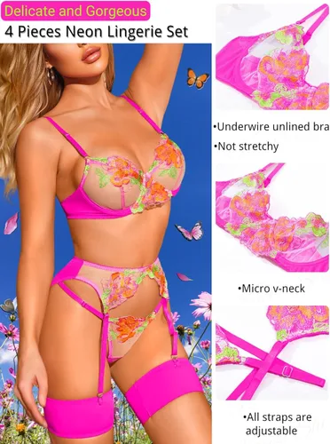 Vista 2 de Kaei&Shi Bordado floral, con aros, tanga, liguero, lencería de 4 piezas